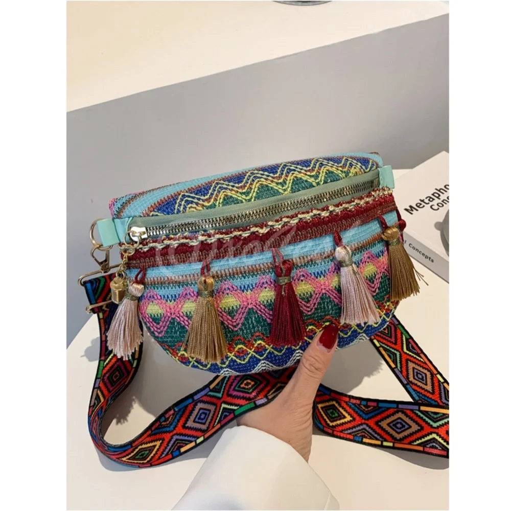 Boho Embroidered Fanny Pack Style Crossbody Bag with Tassels - Picture 2 of 16